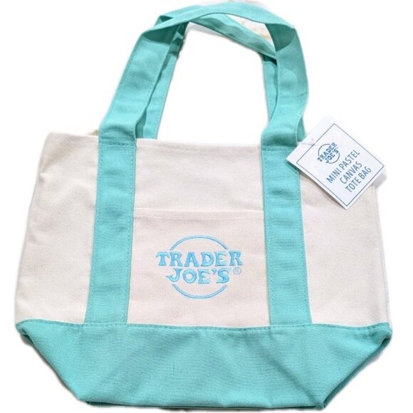 NWT Trader Joes Mini Pastel Canvas Tote Bag Green - Picture 1 of 5